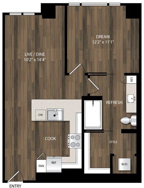 Floor plan for 1 bed, 1 bath, 689 sqft